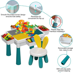 Children's play table with chairs, colorful building blocks, and features highlighted