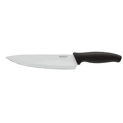 Knife with black handle and silver blade on a white background