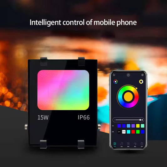 Lighting control device with smartphone app for color selection against a blurred colorful background