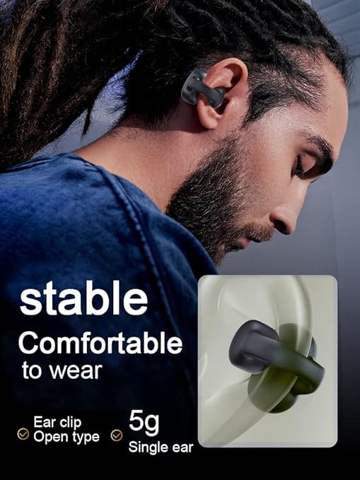 Man wearing wireless earbuds with product features highlighted
