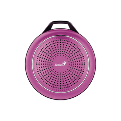 Pink portable speaker with Genius logo on a white background