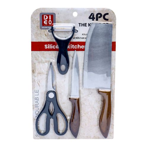 Set of kitchen utensils including scissors, knives, and a peeler on a branded package.