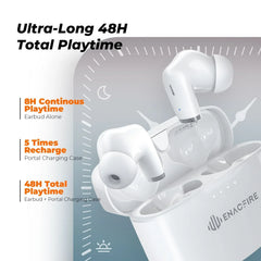 White wireless earbuds with charging case on a gray background, featuring ENACFIRE branding.
