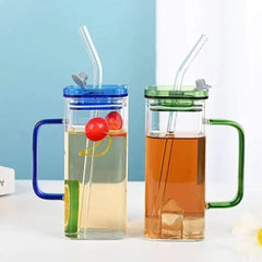 Transparent Square Tumbler Drinking Glass with Glass Straw and Colourful Handle | 2pcs Set - Armaa Store