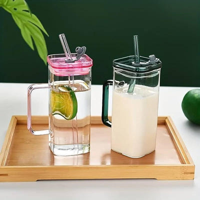 Transparent Square Tumbler Drinking Glass with Glass Straw and Colourful Handle | 2pcs Set - Armaa Store