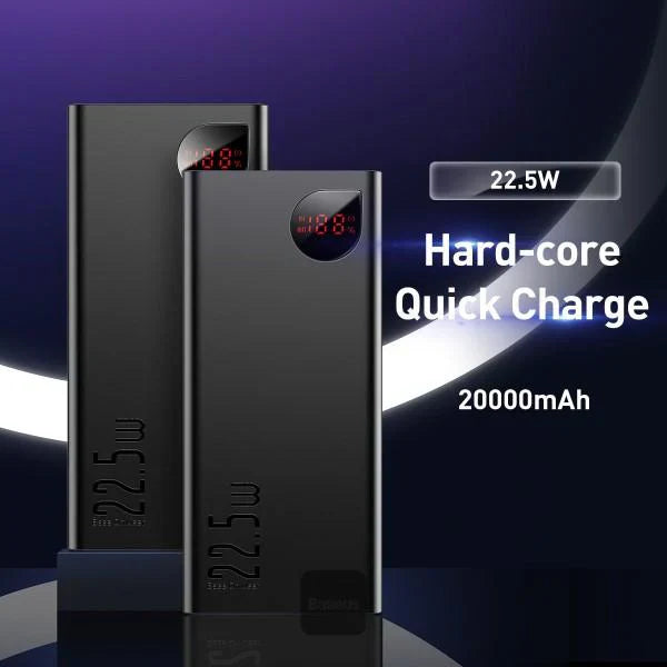 Black power bank with digital display on a dark blue gradient background