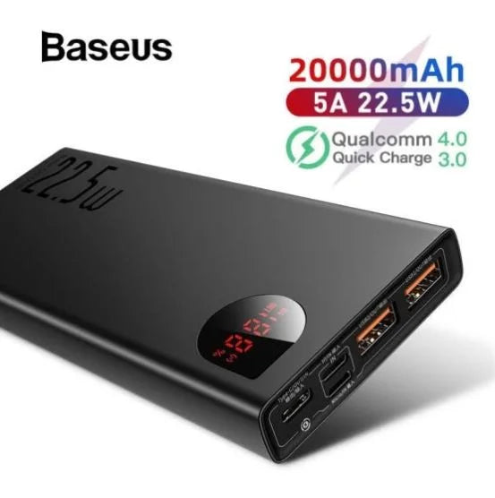 Baseus power bank with charging specifications on a white background