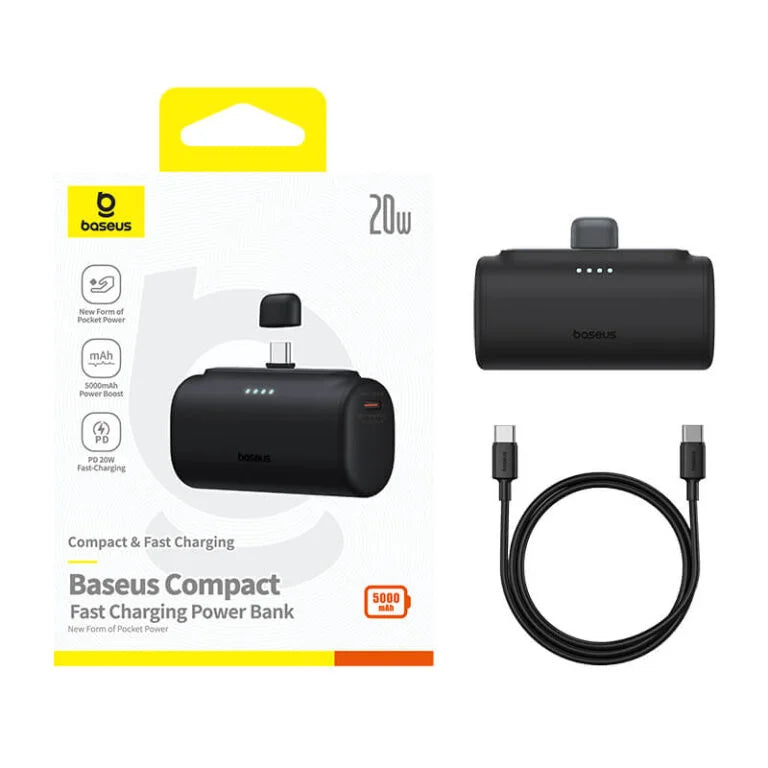 Baseus compact fast charging power bank with cable on a white background