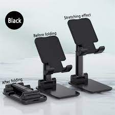 Black adjustable phone stand with 'Before folding' and 'After folding' labels on a white background.