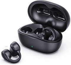 Black wireless i113 ear clip earbuds with charging case on a white background