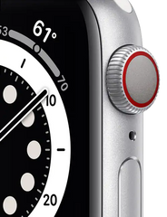Close-up of a smartwatch with a black dial and silver case.