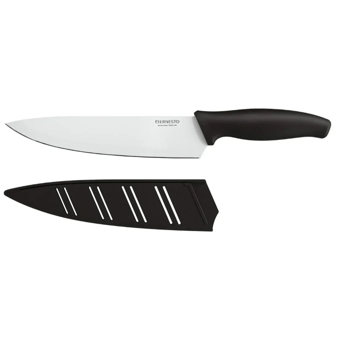 Chef's knife with black handle and blade cover on a white background