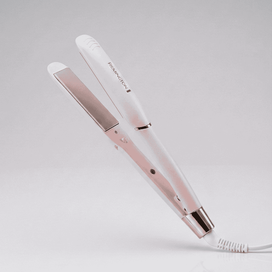 Hair straightener with rose gold accents on a light gray background