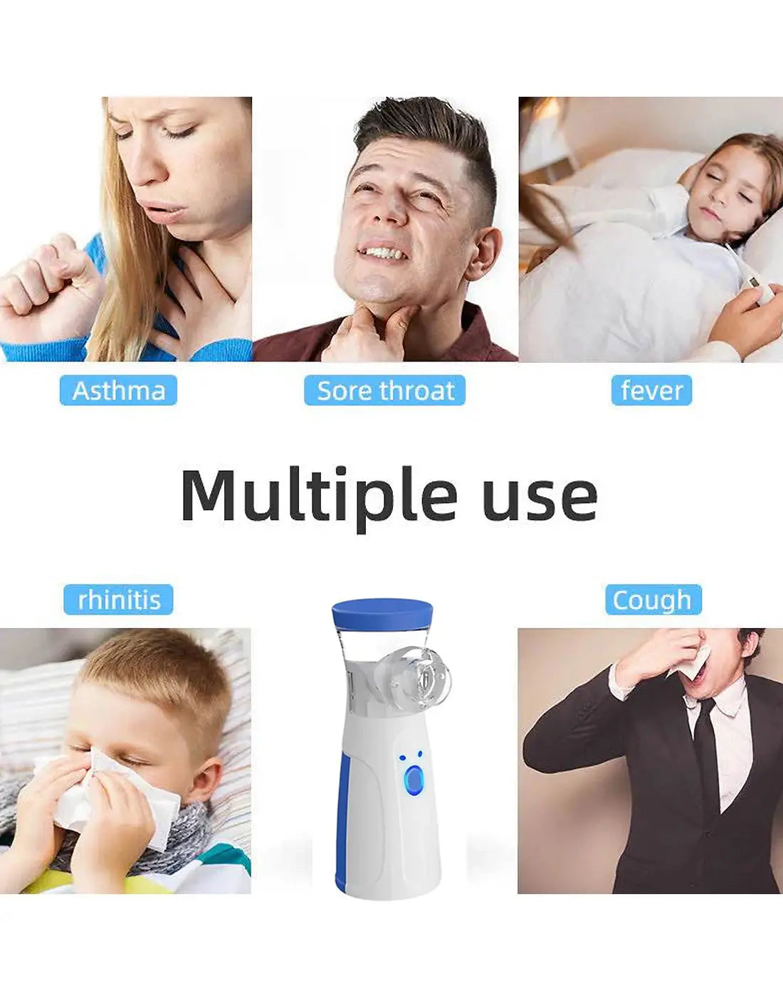 Inhaler device with images of people experiencing asthma, sore throat, fever, rhinitis, and cough, labeled for multiple uses.