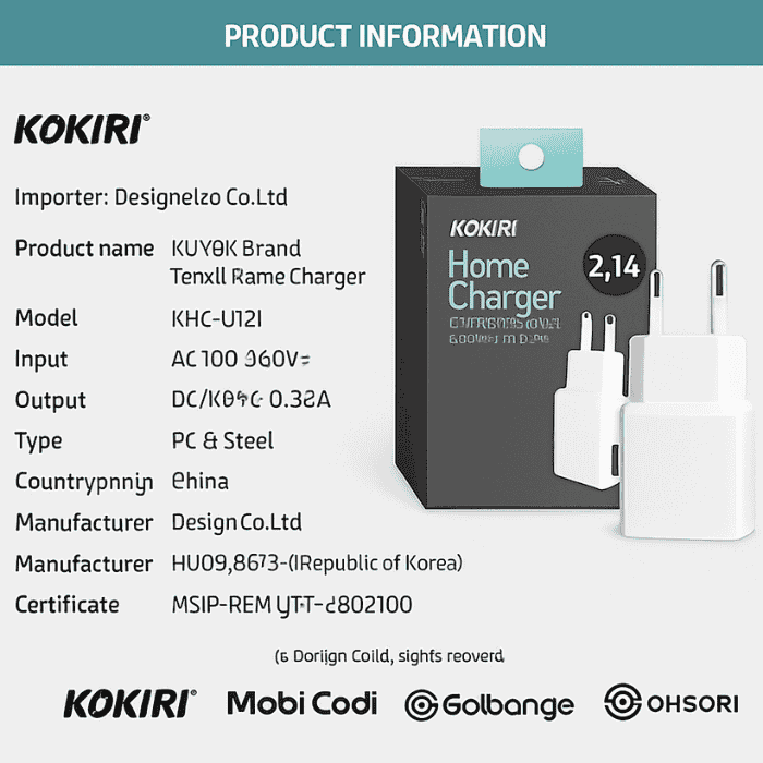 KOKIRI home charger packaging with product details on a white background