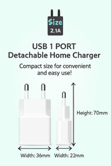 USB 1 PORT Detachable Home Charger with dimensions and power rating on a light green background