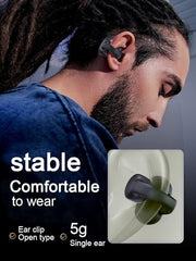 Man wearing wireless earbuds with product features highlighted