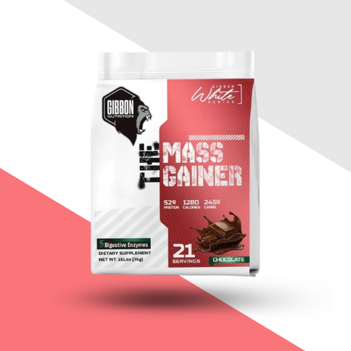 Mass gainer supplement package with Gibbon logo on a white and red background