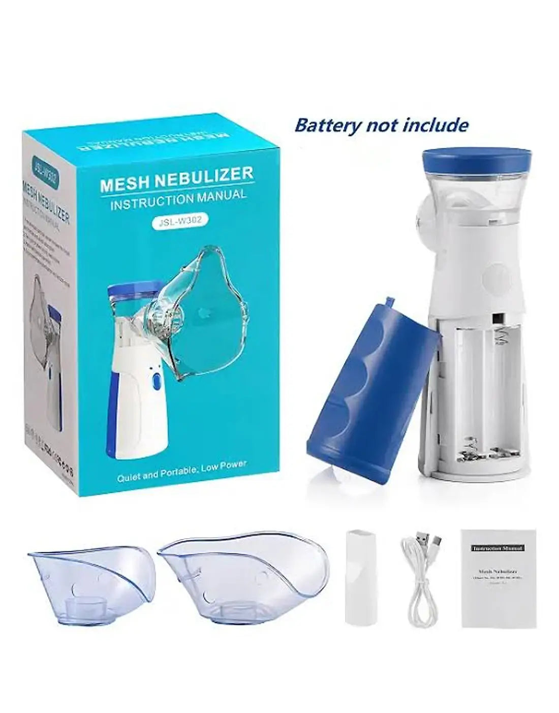 Mesh nebulizer with packaging, components, and USB cable on a white background