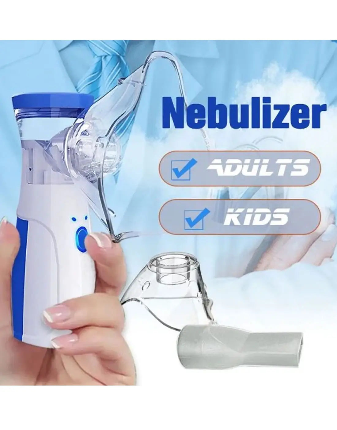 Nebulizer with 'Adults' and 'Kids' labels on a blue background