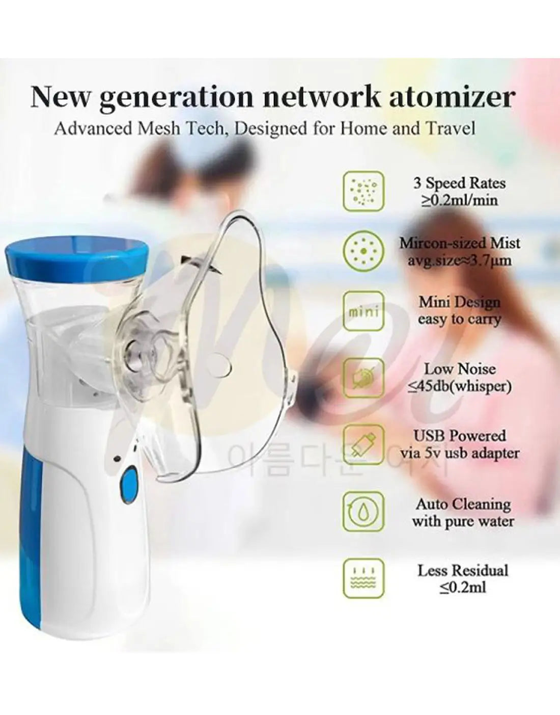 New generation mesh nebulizer with features listed on a blurred background