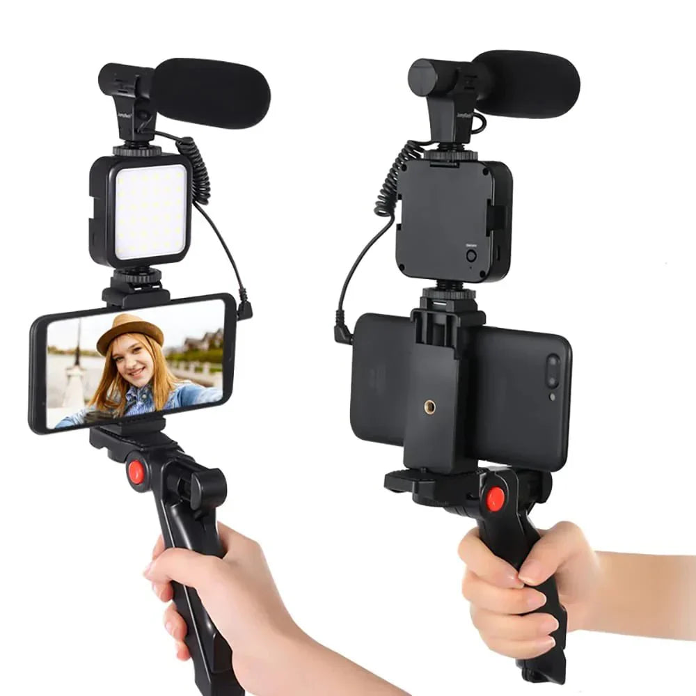 Phone holder with microphone and light on a white background