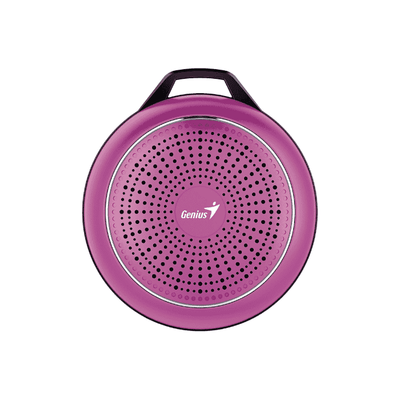Pink portable speaker with Genius logo on a white background