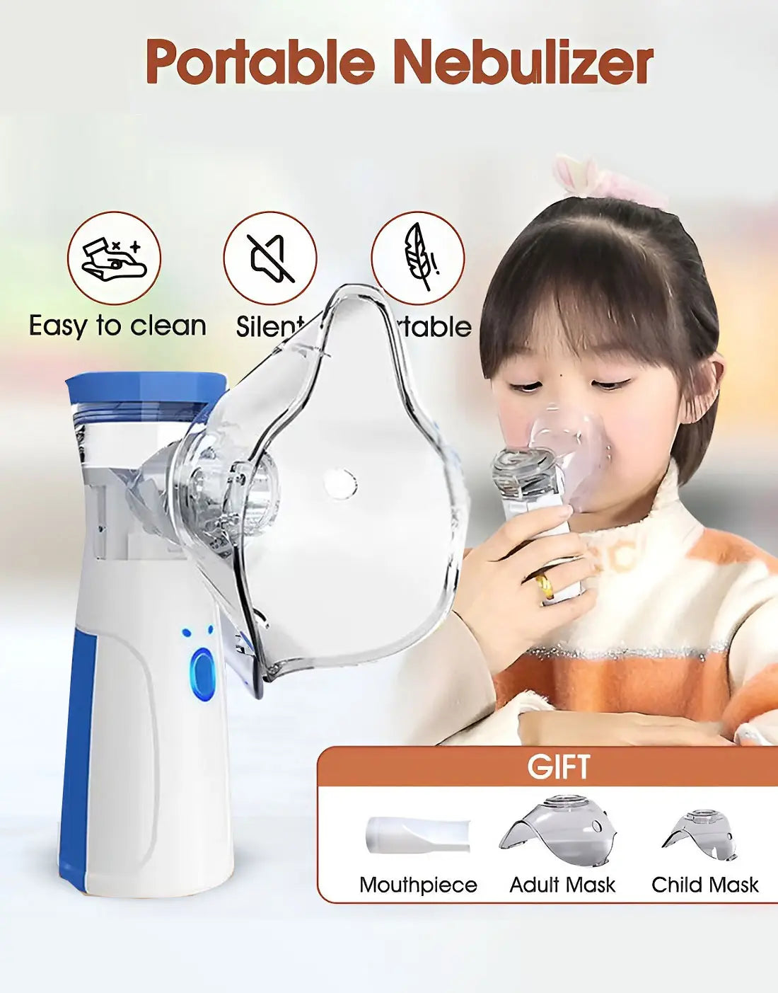 Portable Nebulizer with child using it, labeled as easy to clean, silent, comfortable, and comes with mouthpiece, adult mask, and child mask gifts.