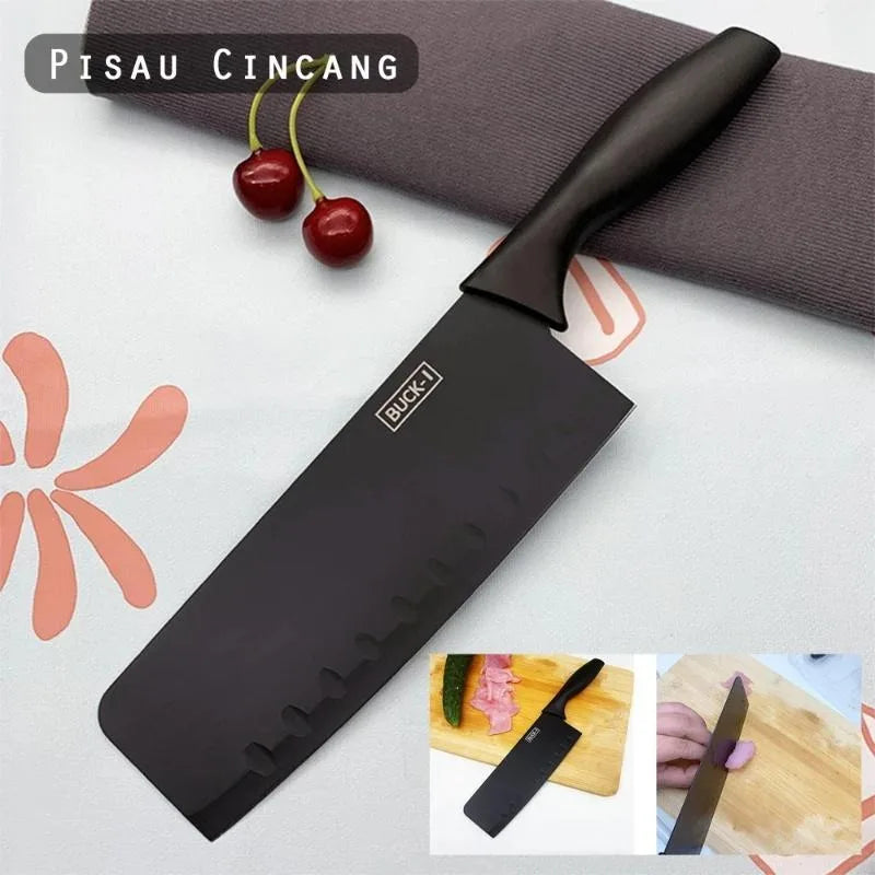 Black kitchen knife with 'Buck-I' branding on a white background, featuring cherries and a cutting board inset.