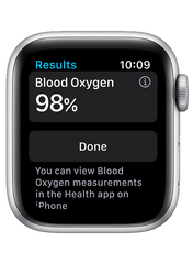Smartwatch displaying blood oxygen measurement of 98% on a white background