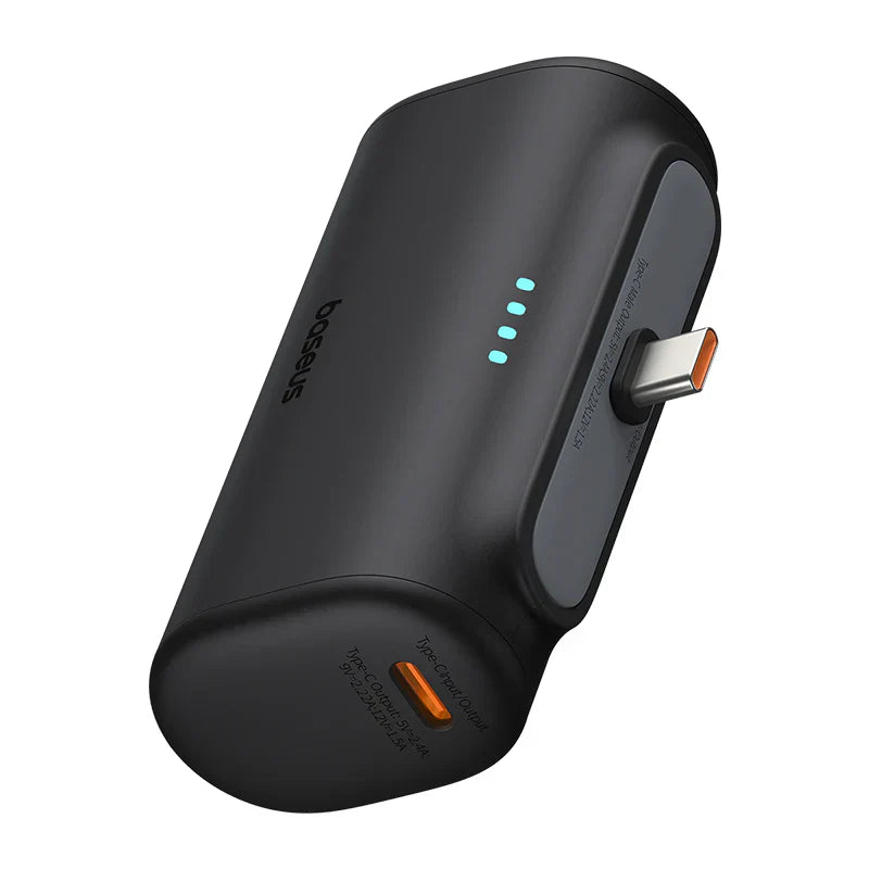 Black portable charger with USB-C port on a white background