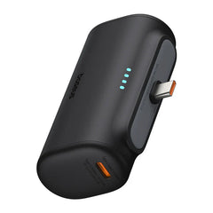 Black portable charger with USB-C port on a white background
