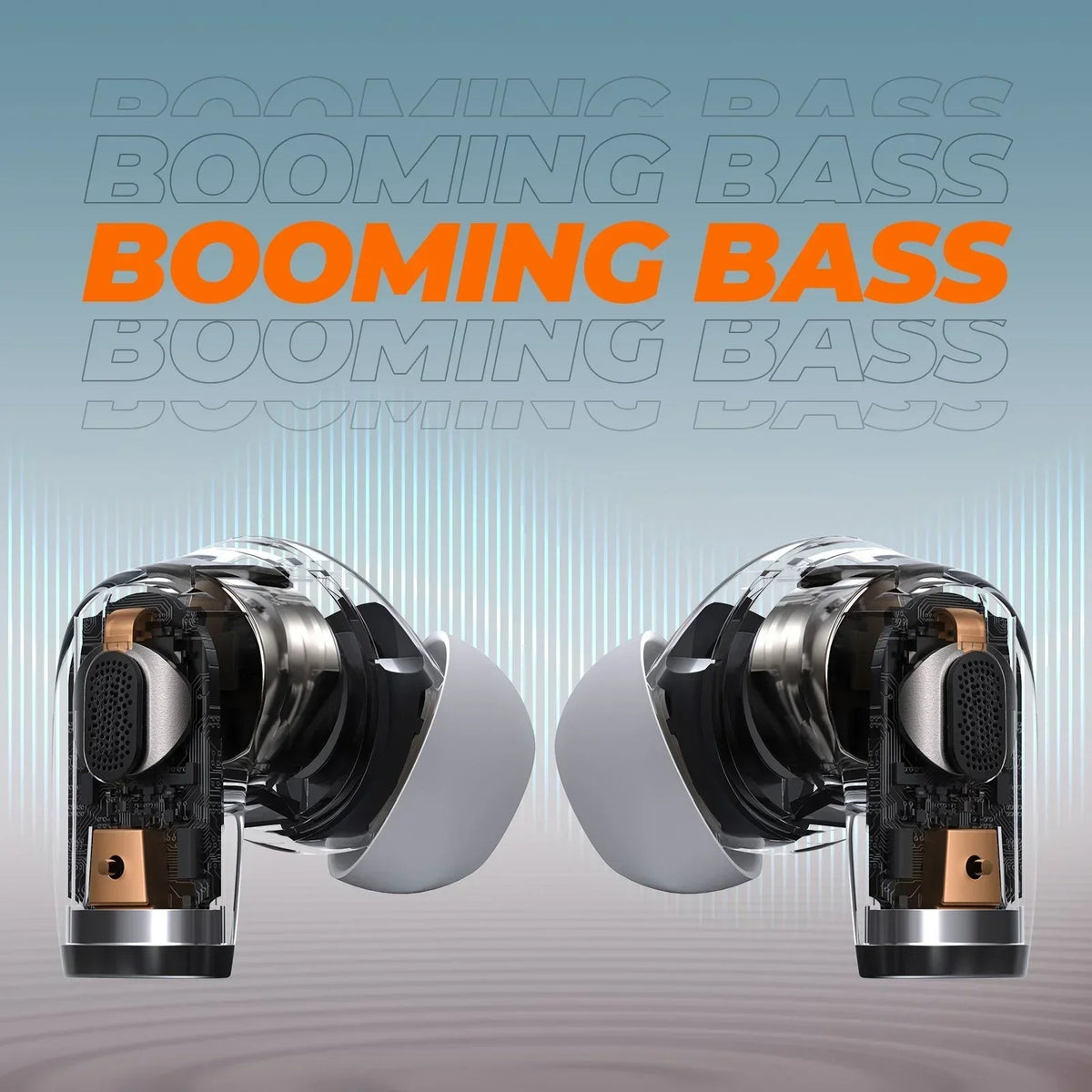 Transparent earbuds with metallic accents on a gradient background with 'Booming Bass' text.