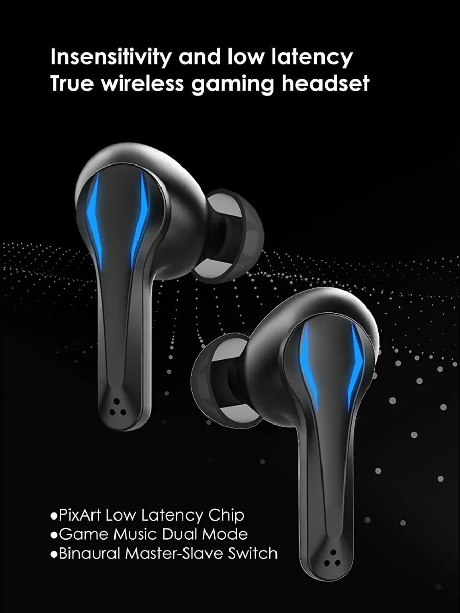 True wireless gaming headset with text highlighting features on a black background