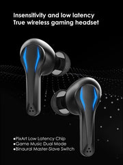 True wireless gaming headset with text highlighting features on a black background