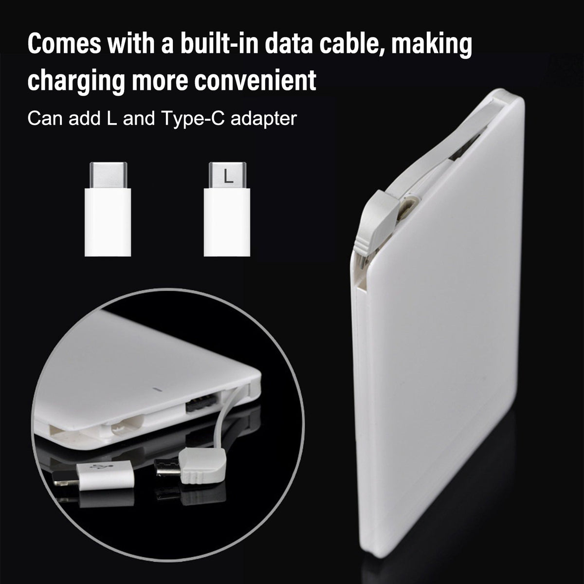 White electronic device with built-in data cable and adapter on a black background