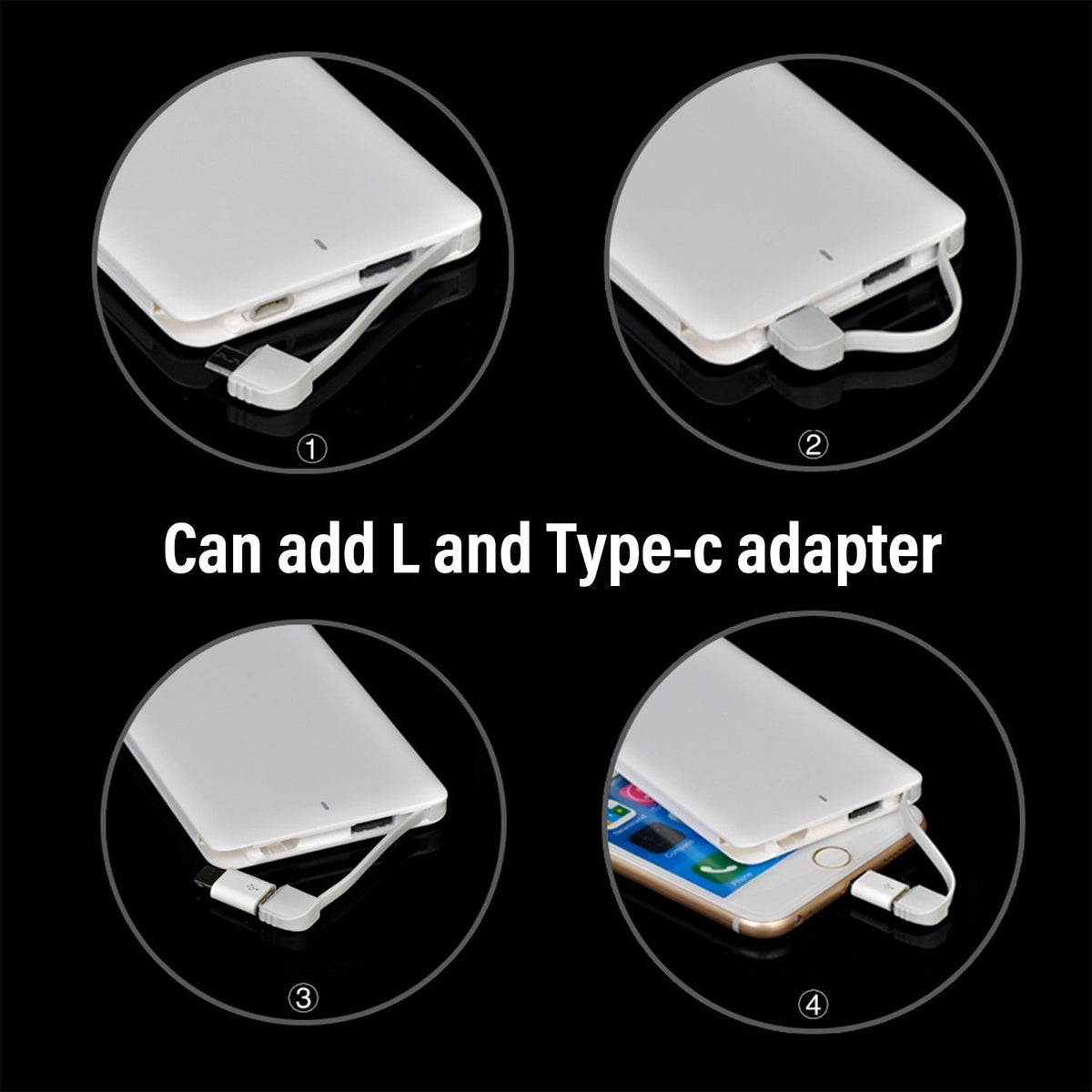 White power bank with L and Type-C adapter on a black background