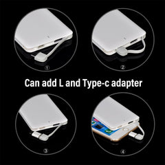 White power bank with L and Type-C adapter on a black background