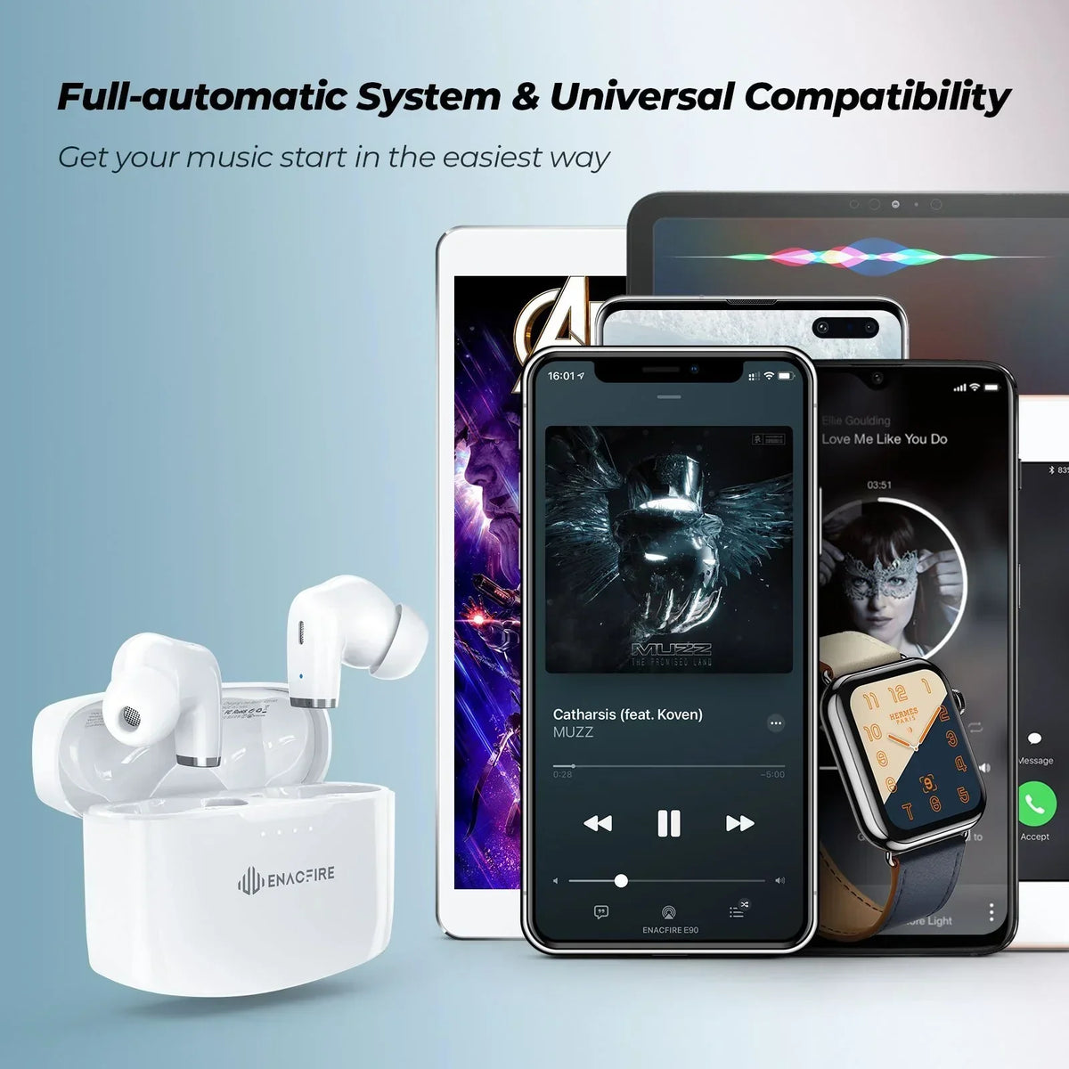 White wireless earbuds with smartphone, tablet, and smartwatch on a light blue background