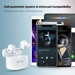 White wireless earbuds with smartphone, tablet, and smartwatch on a light blue background