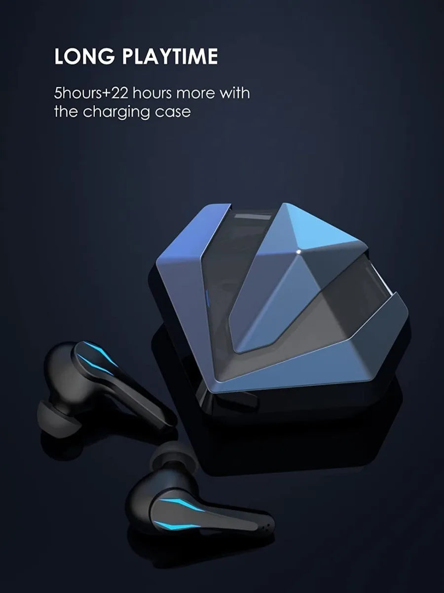 Wireless earbuds with charging case on a dark background