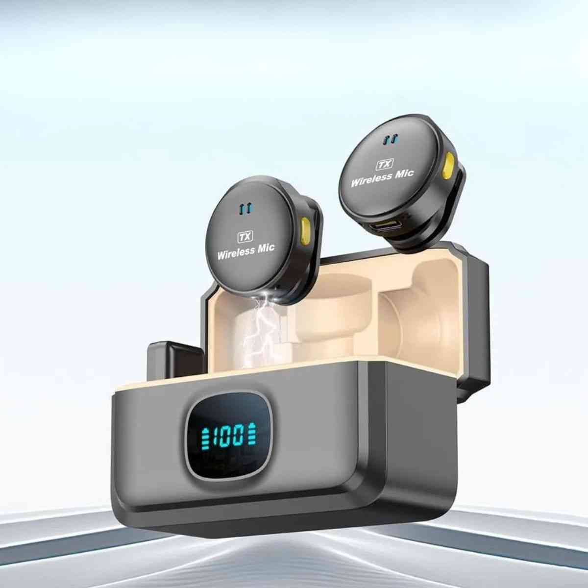 Wireless microphone system with receiver and transmitter on a light blue background