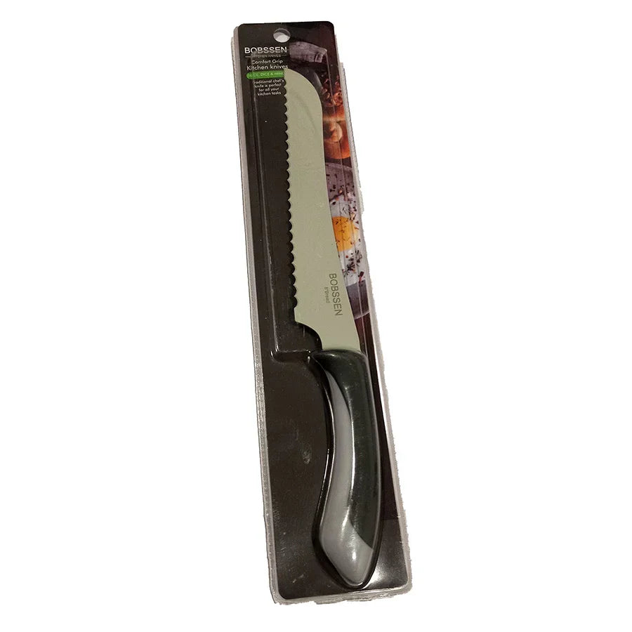 Serrated bread knife in packaging with brand name on a white background