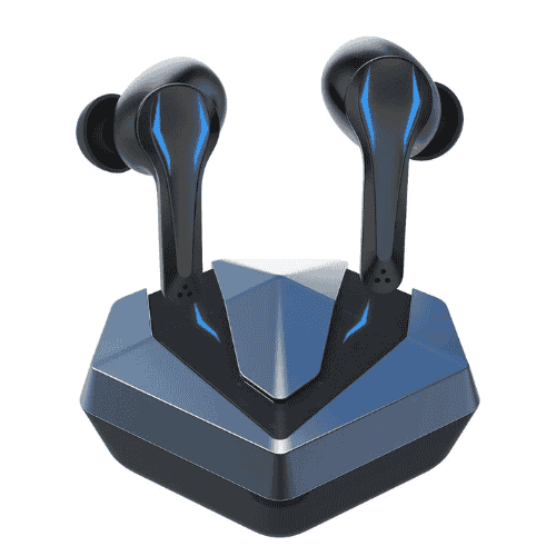 occiam Black and blue wireless earbuds on a white background