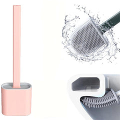 one cleaning brushes with holders, one pink and one green, with a close-up of a brush cleaning a surface.